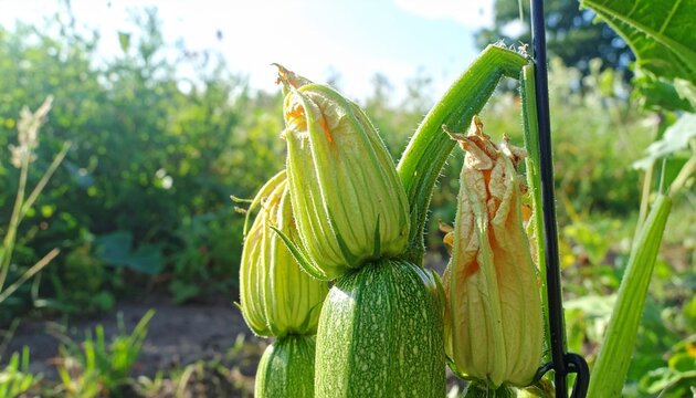 Fresh Green Zucchini Growing in Garden with Blossoms.