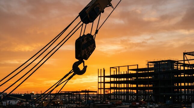 Industrial construction crane hook silhouette against vibrant orange sunset sky at building site, heavy machinery equipment lifting steel framework structure for modern
