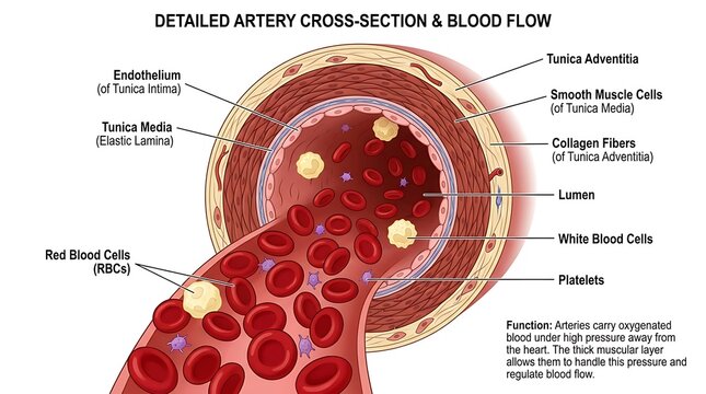 Detailed labeled diagram of a human artery cross-section showing blood flow