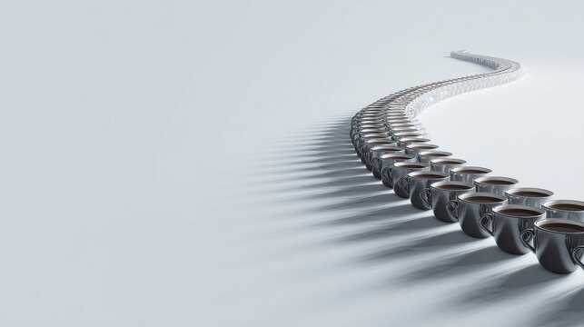 A repeating pattern or chain of identical coffee cups stretching into the distance on a smooth, empty surface. Symmetry, pattern recognition. 
