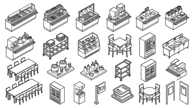 Isometric restaurant and cafeteria furniture line art icons