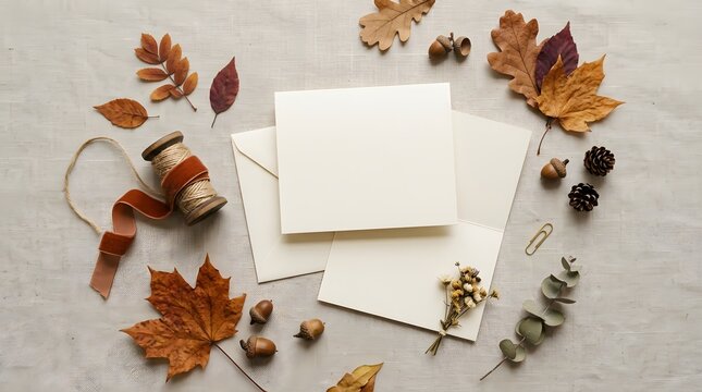 Blank paper cards with autumn leaves and ribbon flat lay for wedding or event invitation