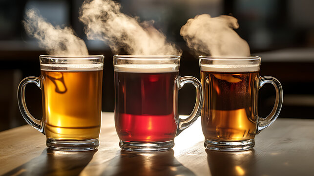 Three mugs of hot tea with steam rising
