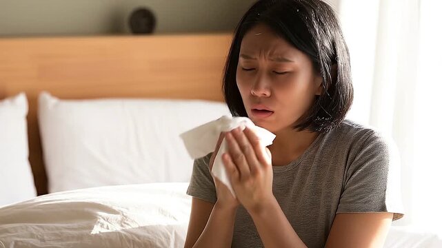 Sick Young Asian Woman Blowing Nose with Tissue in Bed.