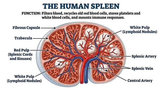 Labeled anatomical diagram of the human spleen showing internal structure