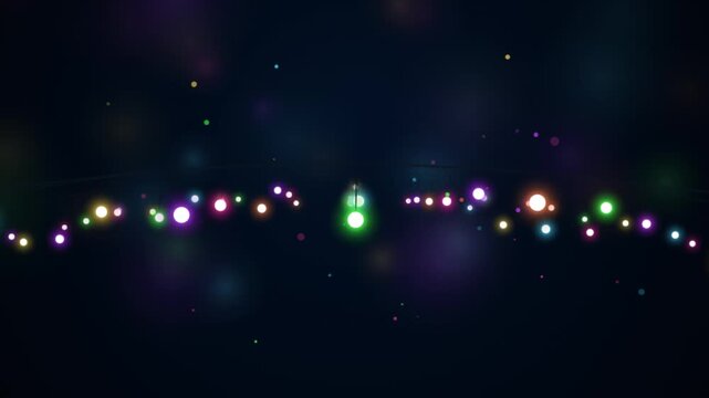 Colorful string lights blinking on dark background create festive atmosphere for celebration event party video background with glowing bokeh and fairy garland.