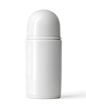 Matte white plastic roll-on deodorant bottle with rounded shoulders, hygiene packaging isolated on white background