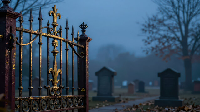 Ornate wrought iron cemetery gate frames foggy graveyard at dusk, creating mysterious Halloween atmosphere with weathered tombstones, bare trees, and deep blue sky