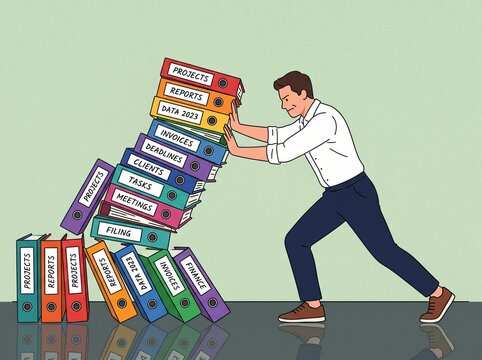 Man Pushing Falling Ring Binders: Office Organization, Workload, Stress, and Chaos Concept