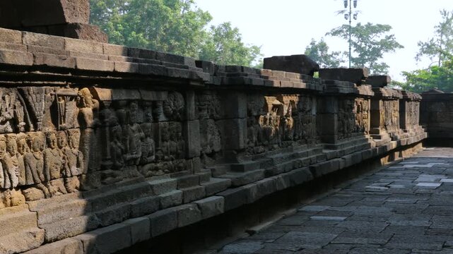 Ancient stone bas-relief carvings at borobudur temple