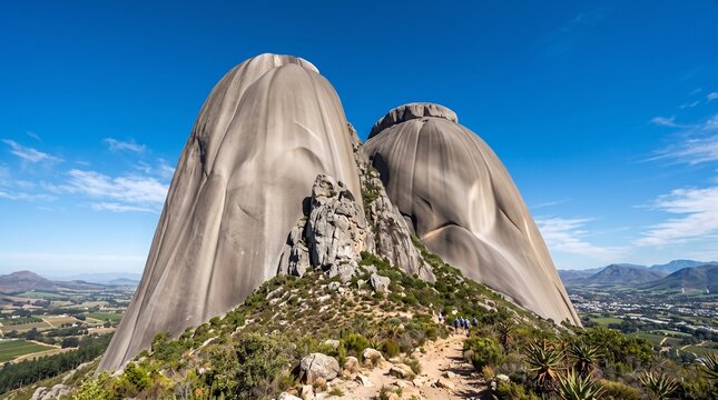 Pedra Azul State Park in Espirito Santo, Brazil, featuring a massive granite rock formation with two prominent peaks under a clear blue sky, a popular hiking destination with scenic landscapes.