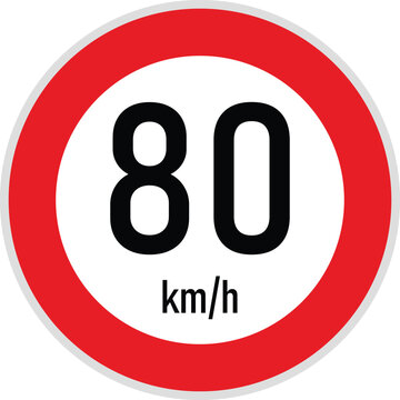 Speed limit 80 km/h traffic sign vector icon. Maximum speed regulation and road safety warning symbol. Transportation rule and highway driving speed indicator