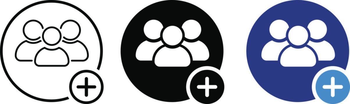 Add group user plus sign vector icon set. Create new team member and community subscription symbol. Social network followers recruitment and join group