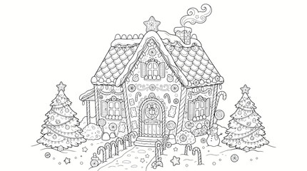 Obraz premium Christmas gingerbread house coloring page charming gingerbread cottage with candy decorations, snow-covered roof, candy canes and Christmas trees, detailed outline vector, white background.