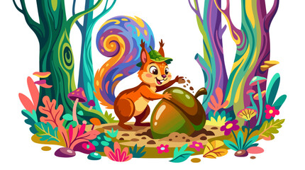 Fototapeta premium Cartoon Squirrel Holding Acorn in Forest.