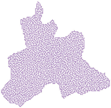Abstract purple labyrinth pattern maze texture, geometric complex puzzle game for brain training and problem-solving.