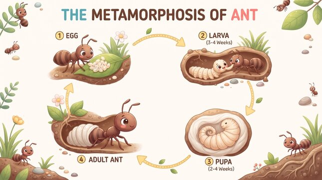 Educational cartoon infographic showing the biological life cycle stages of an insect colony member from egg and larva to pupa and fully grown adult