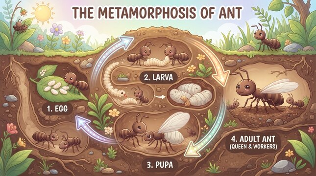 Educational illustration showing the complete life cycle of an ant underground from egg to adult