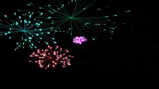 Abstract fireworks display motion graphics featuring colorful glowing light bursts exploding against deep black background digital celebration visual effects loop.
