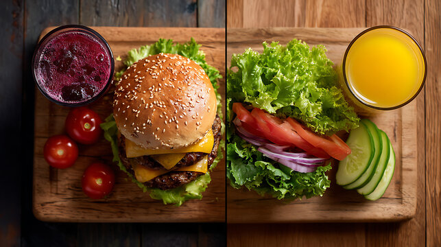 Delicious gourmet burger and fresh healthy lettuce wrap meal