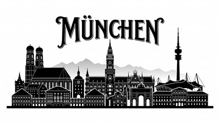Obraz premium Extremely detailed Munich, Germany landmark-rich silhouette and refined MÜNCHEN lettering.