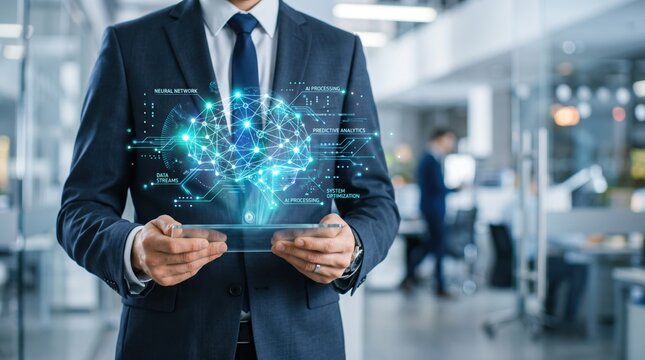 Businessman in suit holding transparent tablet projecting futuristic AI neural network brain hologram with predictive analytics and system optimization labels
