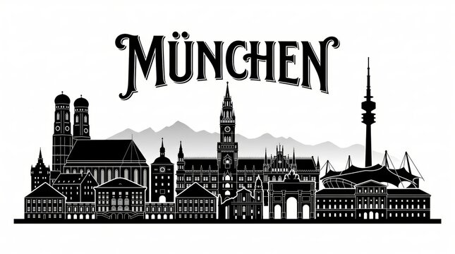 Extremely detailed Munich, Germany landmark-rich silhouette and refined M&Uuml;NCHEN lettering.