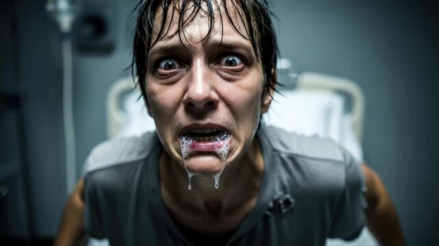 Hydrologic phobia victim: rabies symptom, viral infection, patient distress, mouth foam, rhabdovirus pathogen, neural damage, furious stage.