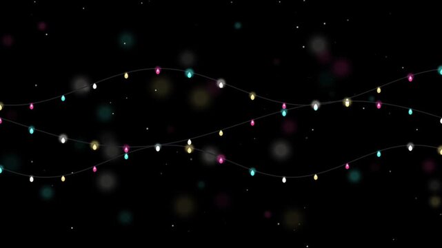 Festive christmas string lights waving on dark background with bokeh sparkles magical glowing multicolored light bulbs for holiday celebration motion graphic clip.