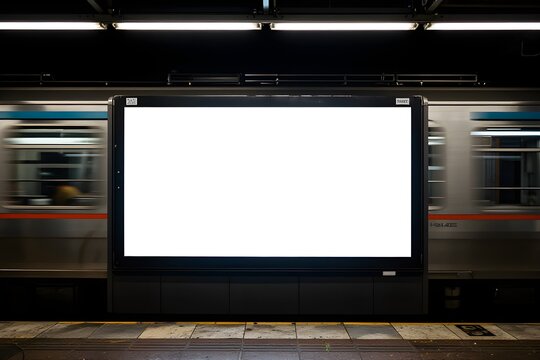 Blank Billboard on Subway Platform with Moving Train