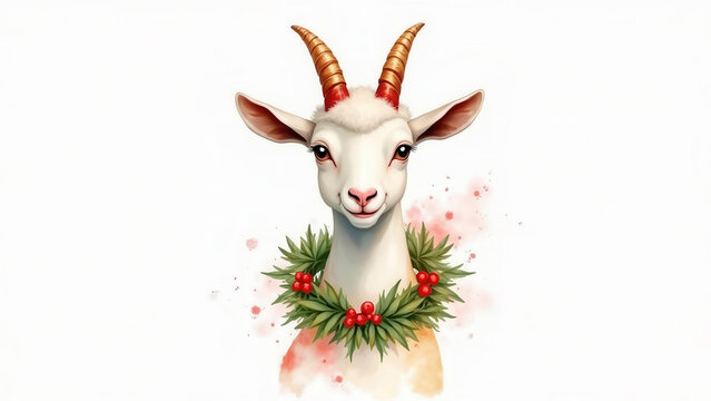 Watercolor goat illustration with splashes of red and gold, Christmas wreath around its neck, soft bleeding pigments, hand-painted festive greeting card style, white background