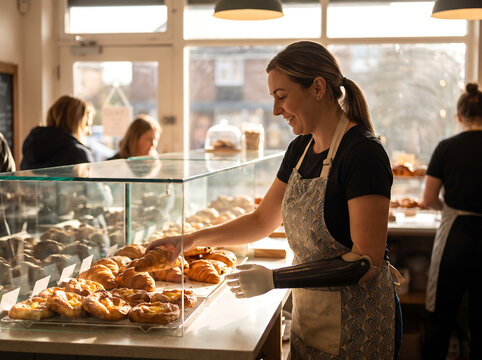 Smiling bakery worker with prosthetic arm arranging fresh pastries in glass display case