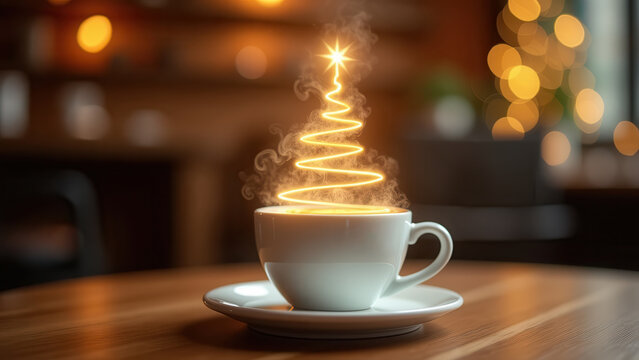 White coffee cup on saucer, steam rising in glowing spiral shape forming Christmas tree silhouette with golden star on top, warm cafe background