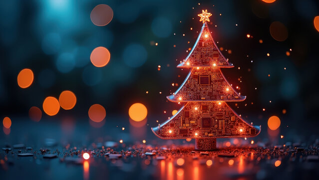 Glowing christmas tree made from motherboard in futuristic design. Blurred bokeh lights in the background. IT technology holiday greetings concept