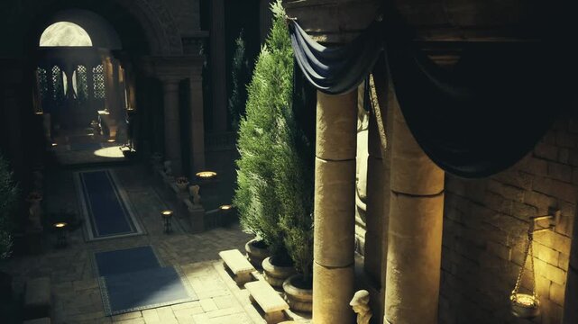 sunny inner atrium with potted cypress and flowing drapery, columns framing leafy courtyard and patterned rugs, soft dappled light and planter clusters create