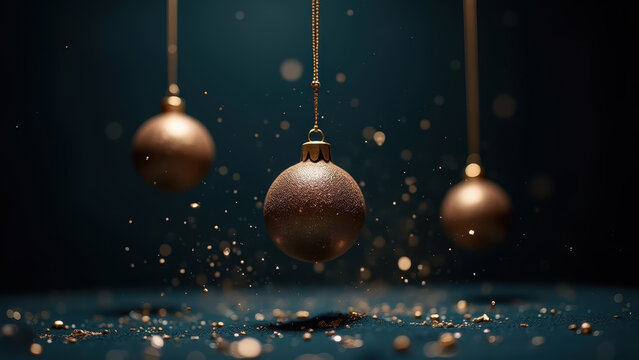 vintage ornaments levitating in zero gravity, slowly rotating around an axis, golden dust particles, dark navy velvet backdrop, dramatic side light, luxurious aesthetic