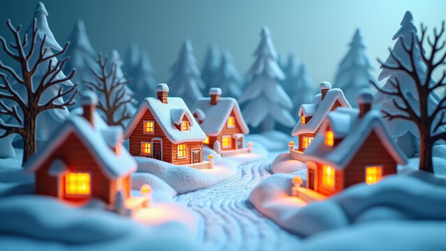 Paper-cut diorama of a winter town, layers backlit in different colors, warm orange glow from house windows