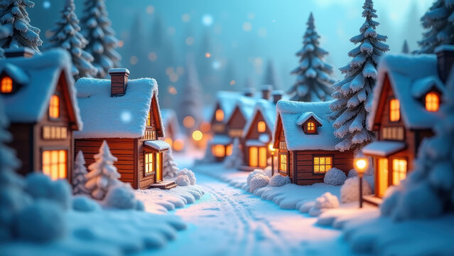 Paper-cut diorama of a winter town, layers backlit in different colors, warm orange glow from house windows
