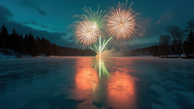Fireworks over a frozen lake shaped like pine branches, reflection in perfectly smooth ice, symmetry, green and gold sparks, long exposure