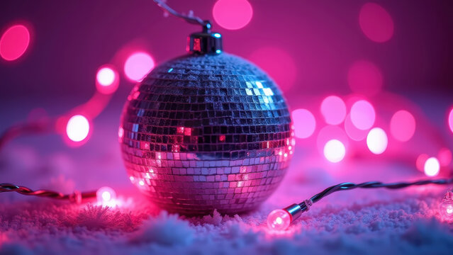 Frost-covered disco mirror ball reflecting thousands of tiny Christmas lights around it, kaleidoscopic effect