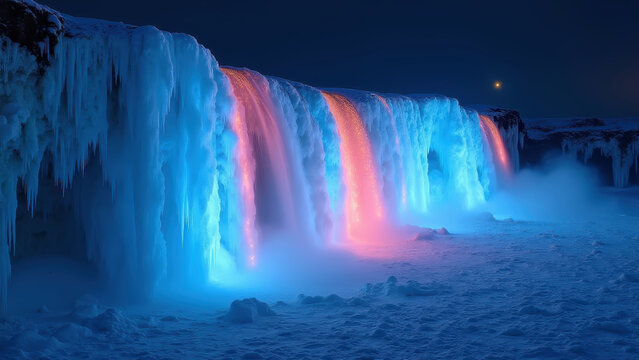 Frozen waterfall lit from within by colorful garland lights, blue ice with veins of red and gold light
