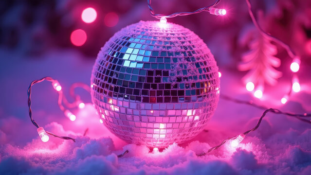 Frost-covered disco mirror ball reflecting thousands of tiny Christmas lights around it, kaleidoscopic effect