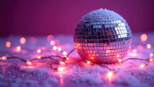 Frost-covered disco mirror ball reflecting thousands of tiny Christmas lights around it, kaleidoscopic effect