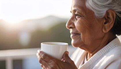Fototapeta premium Elderly woman enjoying warm tea at sunrise on terrace