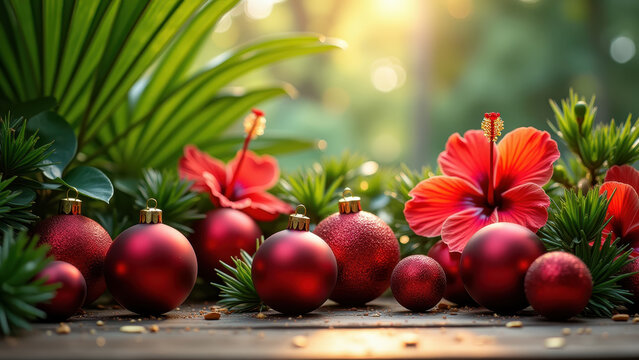 Tropical Christmas still life: ornament balls among palm leaves and hibiscus flowers, red-green contrast, bright sunlight