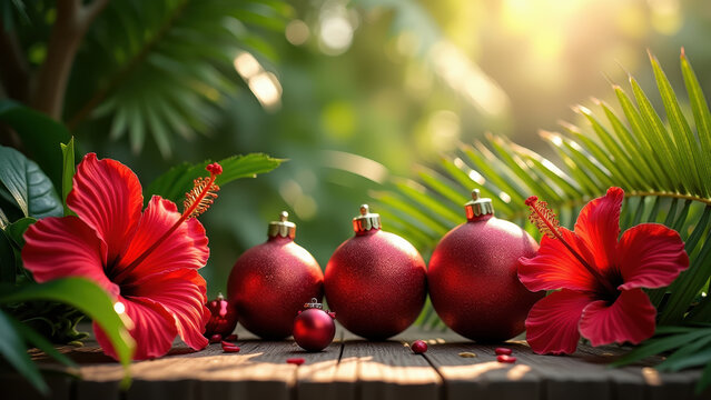 Tropical Christmas still life: ornament balls among palm leaves and hibiscus flowers, red-green contrast, bright sunlight