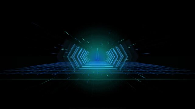 Retro synthwave 80s motion background with neon glowing corridor and digital grid landscape for high tech futuristic projects featuring blue and green light rays.