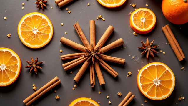 Overhead kitchen table shot: cinnamon sticks, orange slices, and star anise arranged into a snowflake pattern, warm spiced tones, soft side light, flat lay composition
