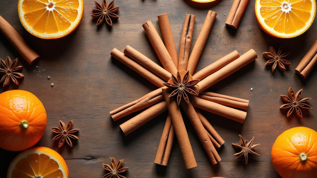 Overhead kitchen table shot: cinnamon sticks, orange slices, and star anise arranged into a snowflake pattern, warm spiced tones, soft side light, flat lay composition