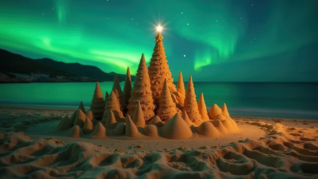 Sand sculpture of a Christmas scene on a beach under the northern lights, contrast of warm sand and cool green sky glow